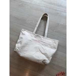 LL Bean Boat and Tote Canvas Tote Bag Alexis Pink Embroidery Large Natural